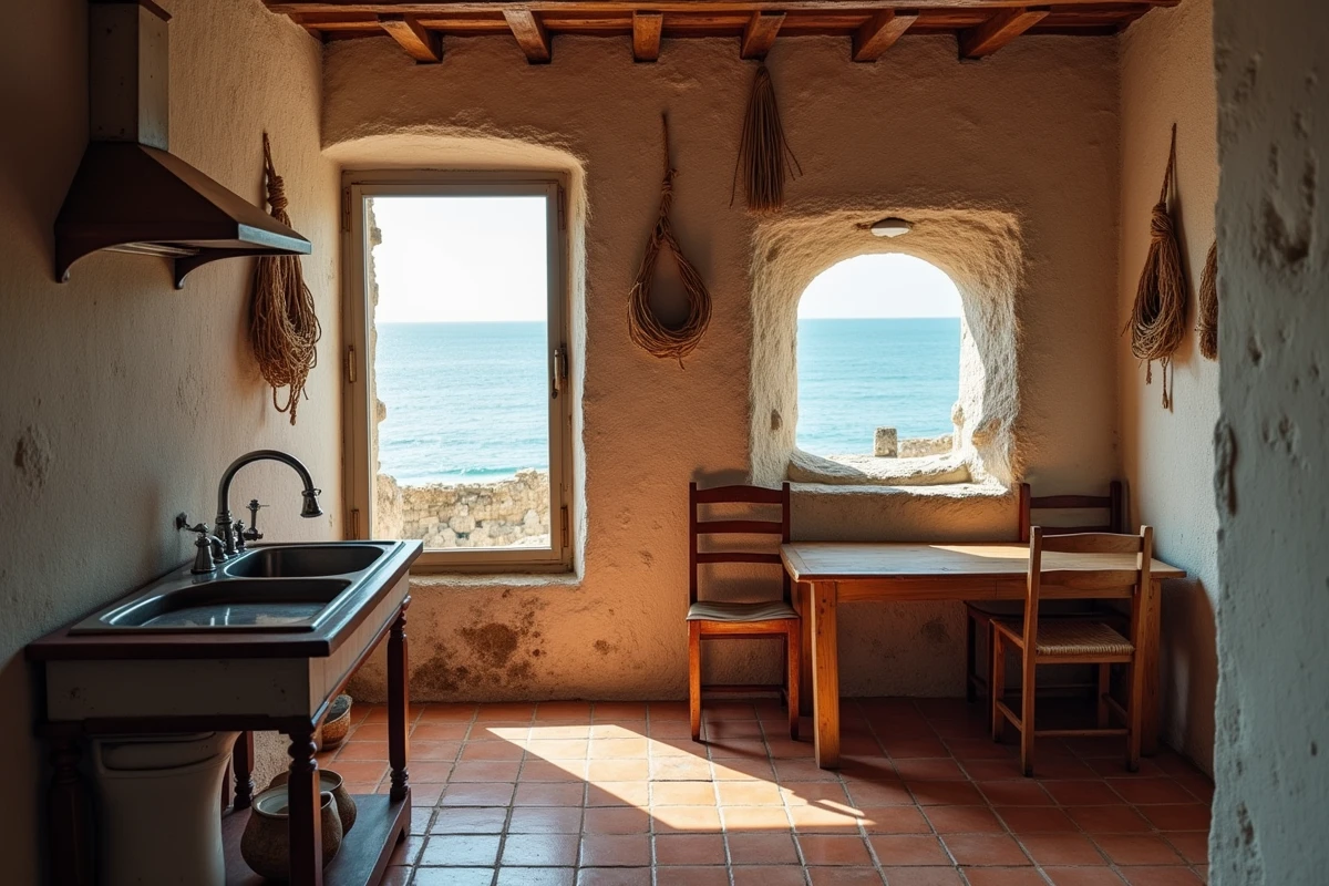Intérieur authentique d'une maison de pêcheur portugaise avec carrelage en terre cuite, murs en pierre et vue sur l'océan depuis la fenêtre