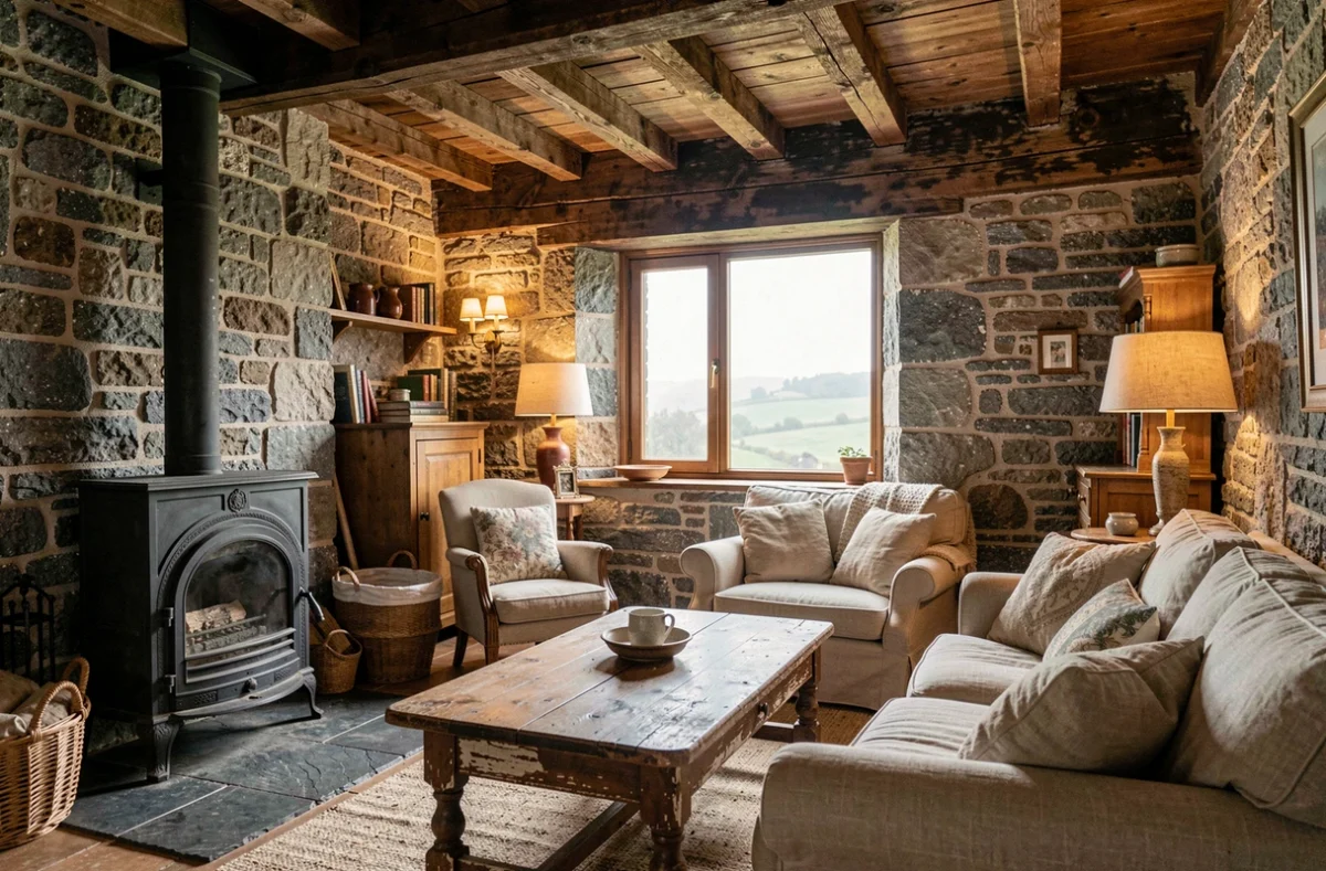 Intérieur rénové d'une maison en pierre bretonne avec murs en granit apparents, poutres en chêne et cheminée en fonte