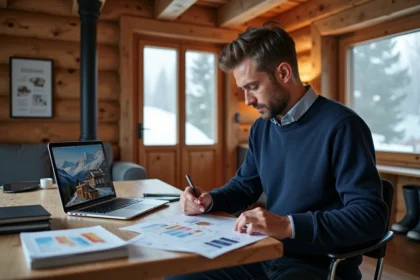 Homme consultant des documents immobiliers dans un chalet alpin des Menuires pour un investissement locatif défiscalisé