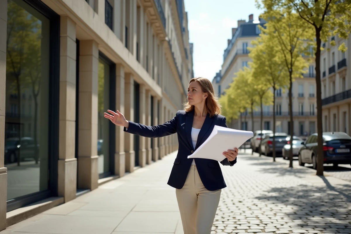 Femme investisseuse immobilière tenant des plans architecturaux devant un immeuble moderne à Saint-Germain-en-Laye