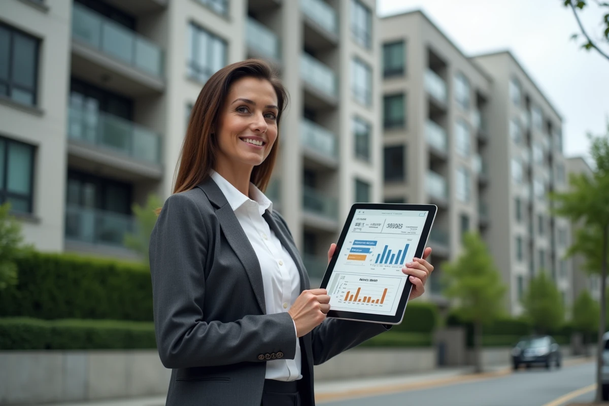 Femme investisseuse consultant un simulateur de rendement locatif devant un immeuble résidentiel urbain