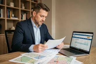 Investisseur immobilier consultant des documents cadastraux et un site de registre foncier sur ordinateur portable pour identifier le propriétaire d'un bien ciblé