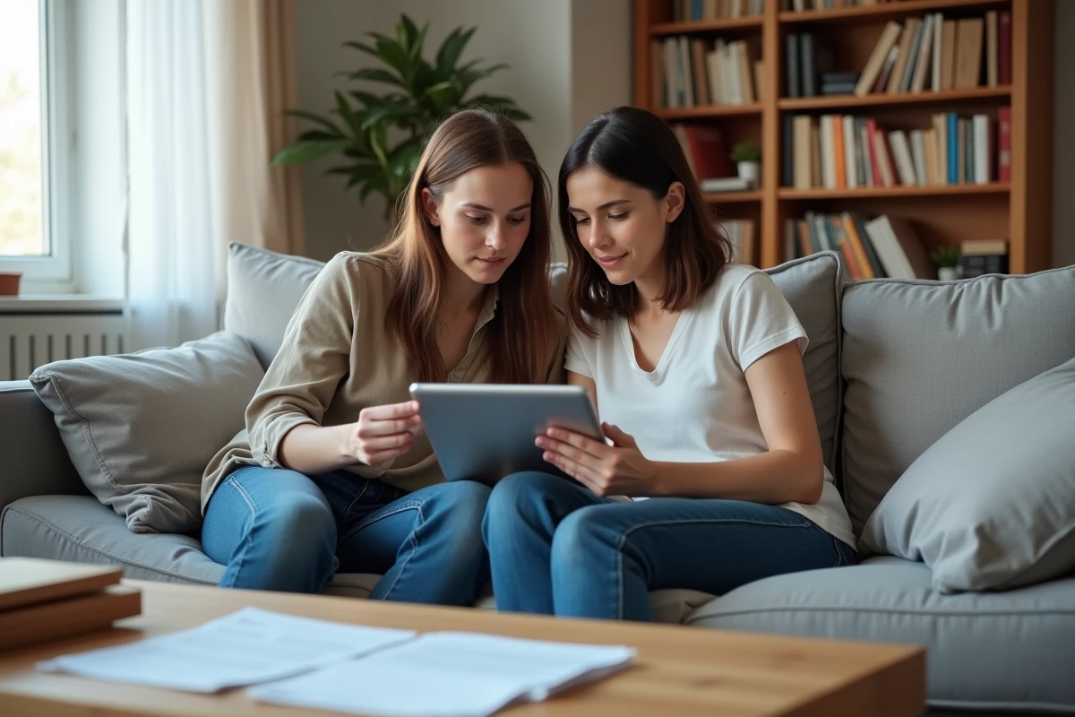 Jeune couple consultant un portail d'aide au logement pour préparer leur dossier