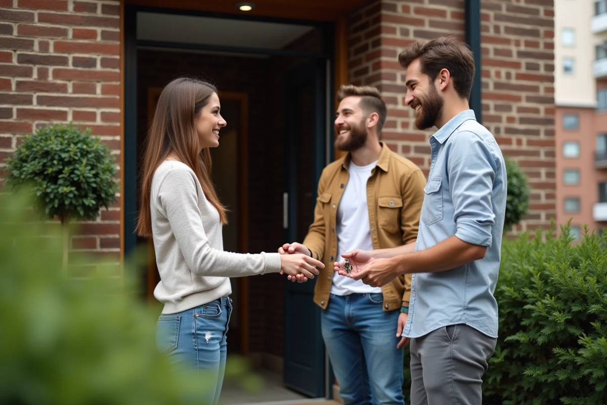 Jeune couple échangeant des clés devant un immeuble