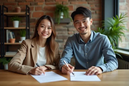 Jeune couple signant des papiers dans un appartement moderne