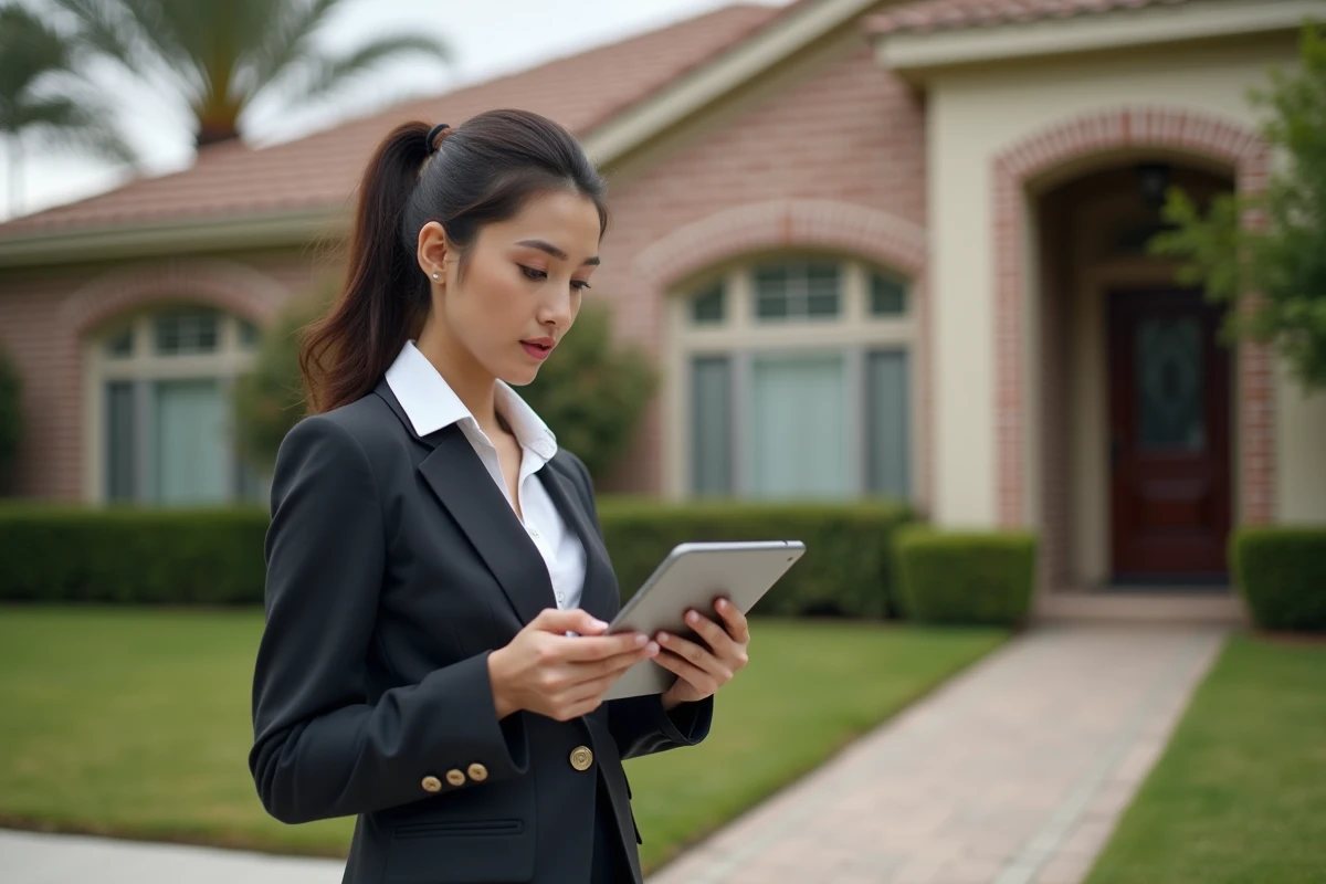 Jeune femme regardant une annonce immobilière sur une tablette
