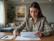 Jeune femme examine un contrat de location dans un appartement