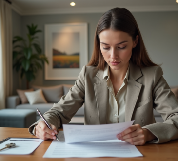 Jeune femme examine un contrat de location dans un appartement