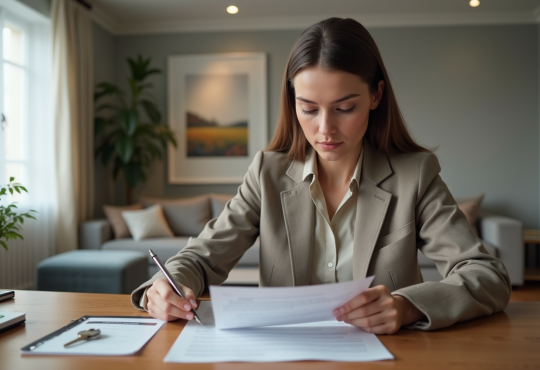 Jeune femme examine un contrat de location dans un appartement