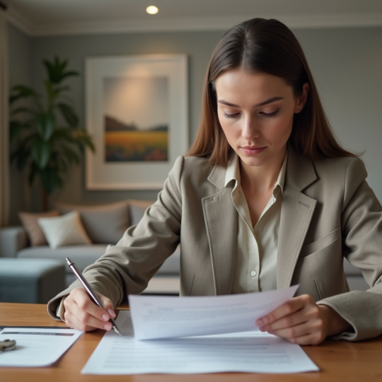 Jeune femme examine un contrat de location dans un appartement