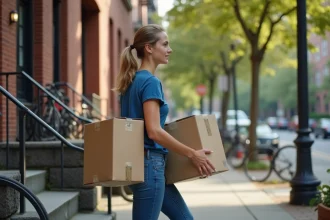 Jeune femme portant une boîte de déménagement dans une rue résidentielle