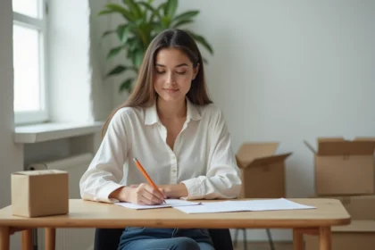 Jeune femme écrivant une lettre dans un salon modeste