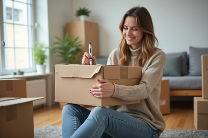 Jeune femme étiquetant des cartons de déménagement dans un salon lumineux