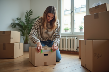 Jeune femme emballant une boîte dans un appartement parisien