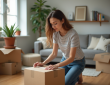 Jeune femme emballant une boîte dans un salon organisé