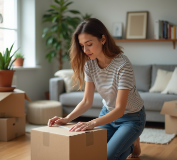 Jeune femme emballant une boîte dans un salon organisé
