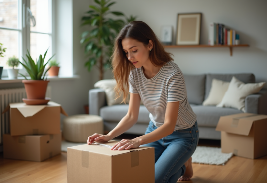 Jeune femme emballant une boîte dans un salon organisé