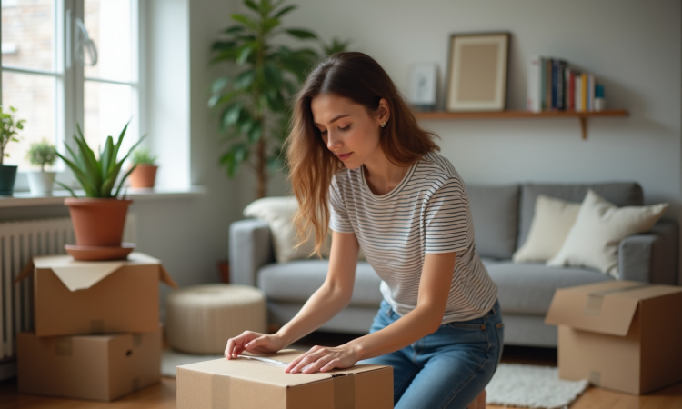 Jeune femme emballant une boîte dans un salon organisé