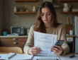 Jeune femme inquiète examine un contrat de location