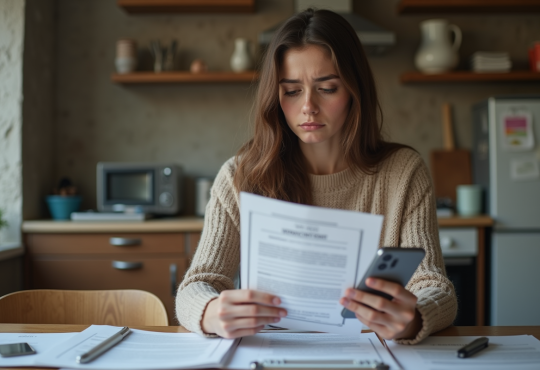 Jeune femme inquiète examine un contrat de location