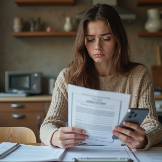 Jeune femme inquiète examine un contrat de location