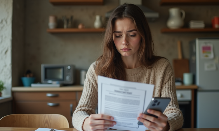Jeune femme inquiète examine un contrat de location