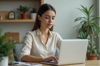 Jeune femme concentrée sur son profil MyAppart à la maison