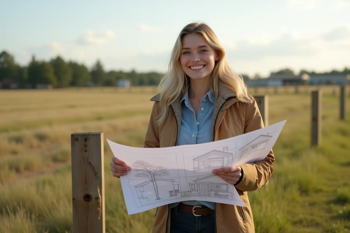 Jeune femme souriante tenant plans pour installation mobile home