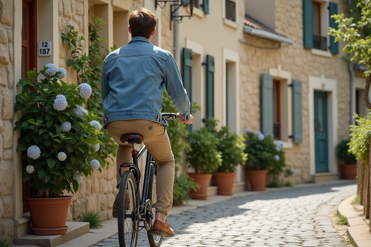 Jeune homme à vélo dans une rue pavée de village