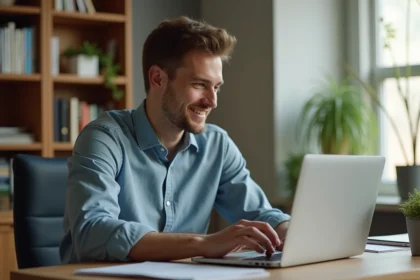 Jeune homme souriant remplissant un formulaire en ligne dans un bureau lumineux