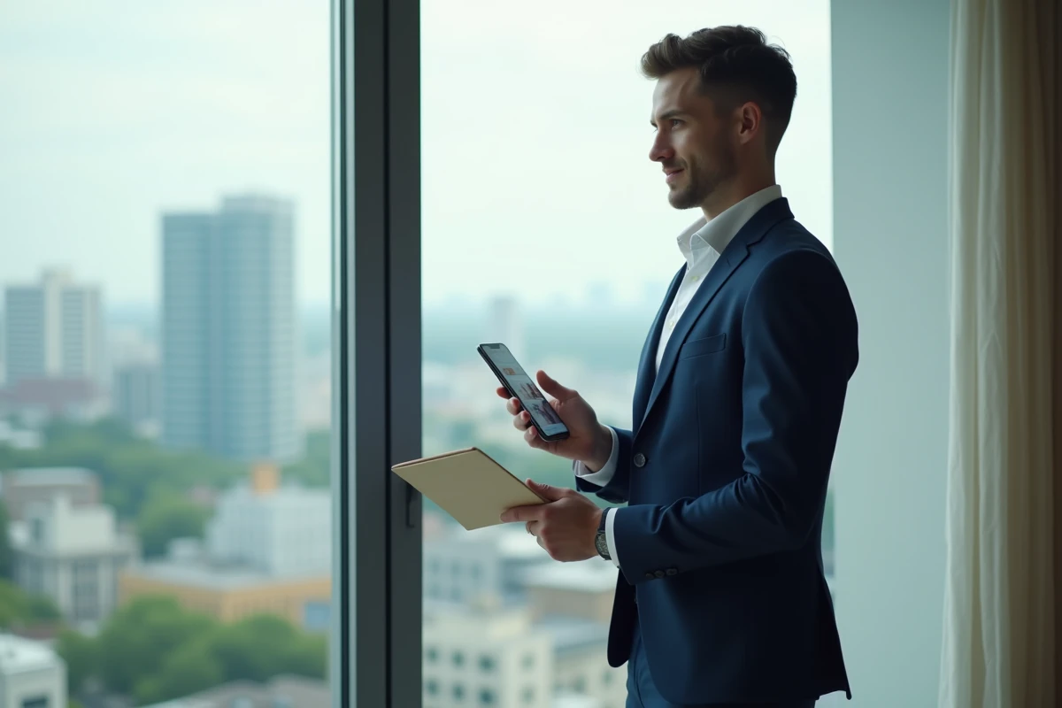 Jeune homme en costume utilisant une application de location sur smartphone