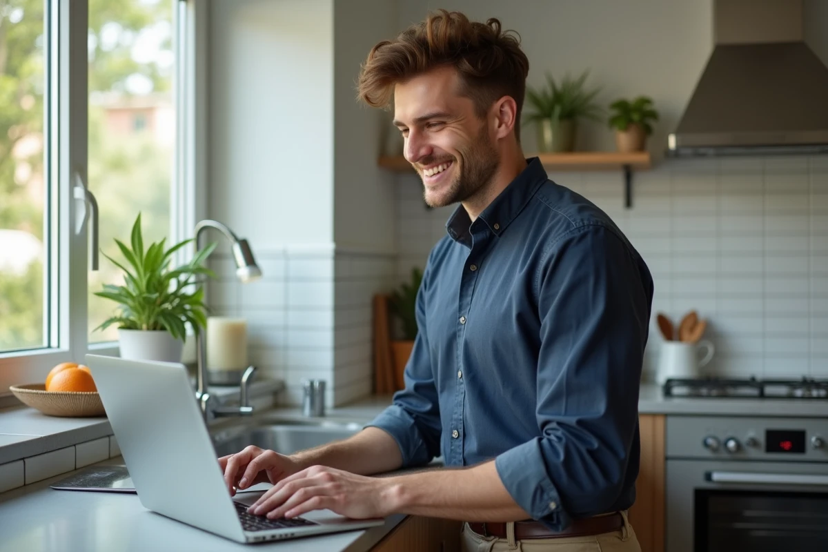 Jeune homme travaillant sur un ordinateur dans la cuisine