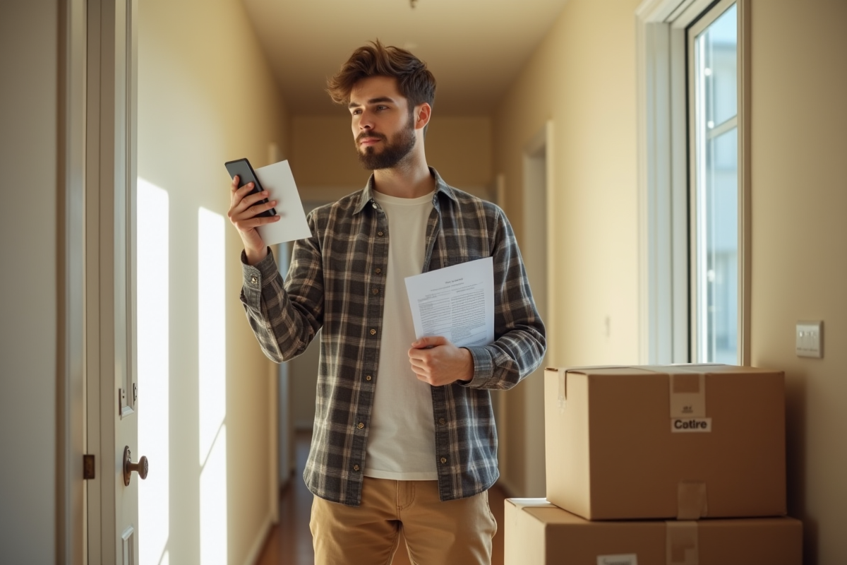 Jeune homme dans un couloir avec lettres et cartons de déménagement