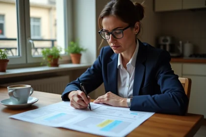 Femme locataire examinant des charges locatives contestées à son domicile