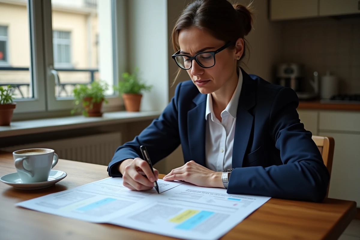 Femme locataire examinant des charges locatives contestées à son domicile