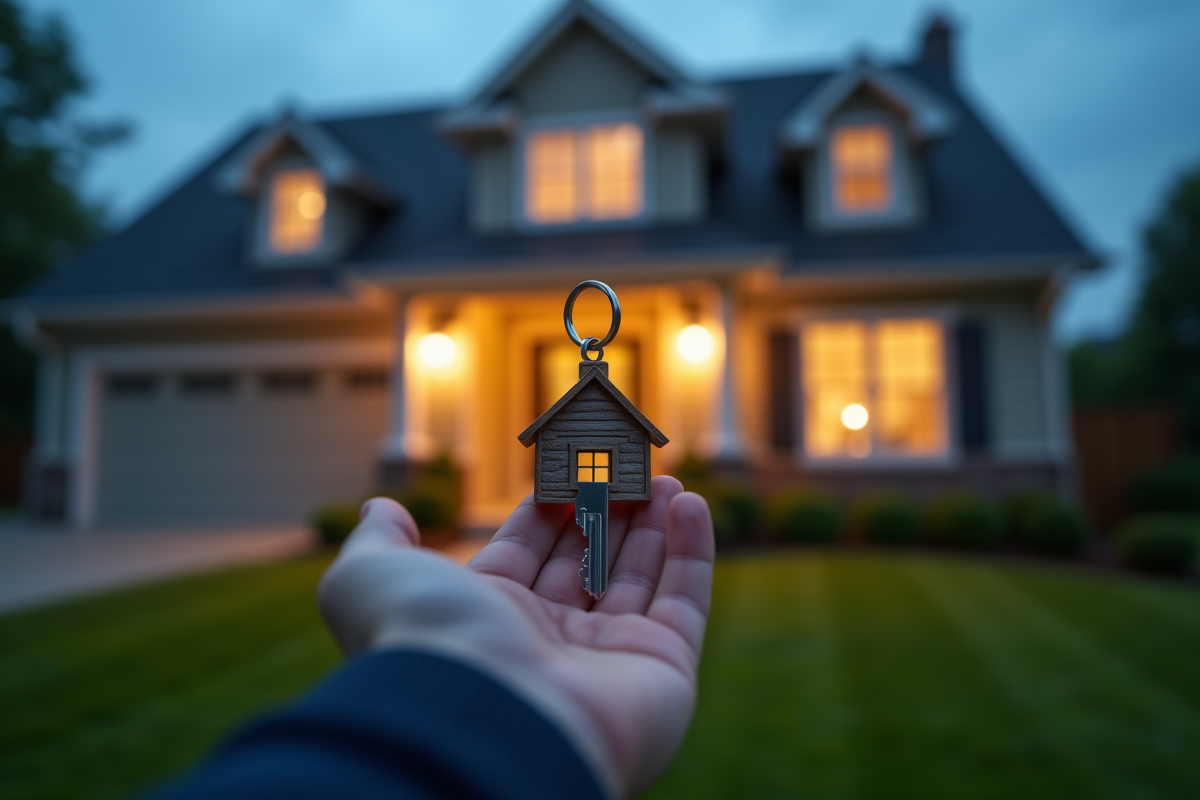 Main tenant une clé de maison avec une maison miniature devant une maison de banlieue