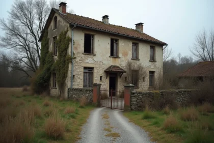 Maison en pierre abandonnée en milieu rural français avec volets brisés, portail rouillé et façade envahie par la végétation
