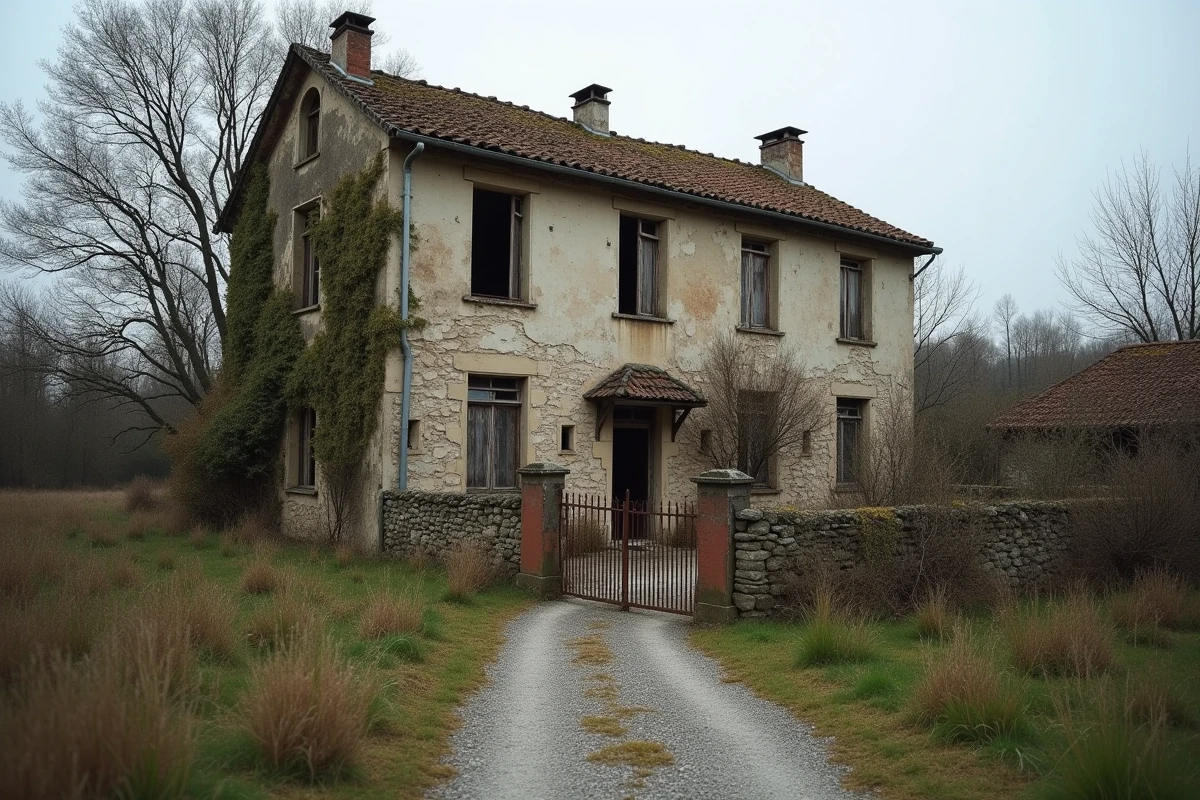Maison en pierre abandonnée en milieu rural français avec volets brisés, portail rouillé et façade envahie par la végétation