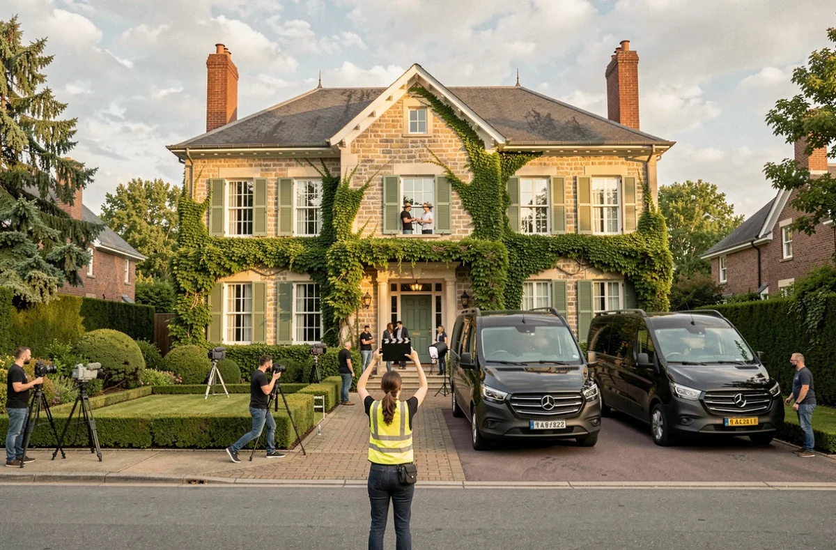 Maison individuelle en pierre louée comme décor extérieur pour un tournage publicitaire avec équipe de production et véhicules de régie dans l'allée
