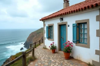 Petite maison de pêcheur traditionnelle au Portugal avec façade blanchie à la chaux et volets bleus donnant sur l'océan Atlantique