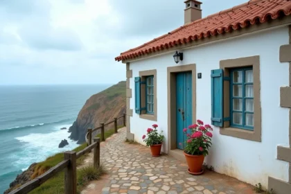 Petite maison de pêcheur traditionnelle au Portugal avec façade blanchie à la chaux et volets bleus donnant sur l'océan Atlantique