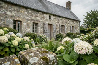 Maison en pierre traditionnelle bretonne avec murs en granit et toit en ardoise entourée d'un jardin sauvage d'hortensias