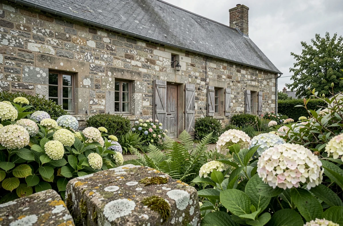 Maison en pierre traditionnelle bretonne avec murs en granit et toit en ardoise entourée d'un jardin sauvage d'hortensias