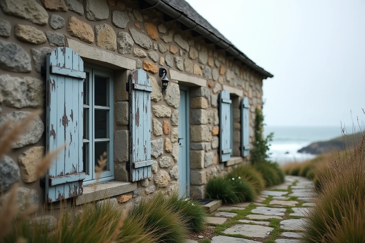 Maison en pierre bretonne à rénover au bord de mer avec volets gris et façade abîmée