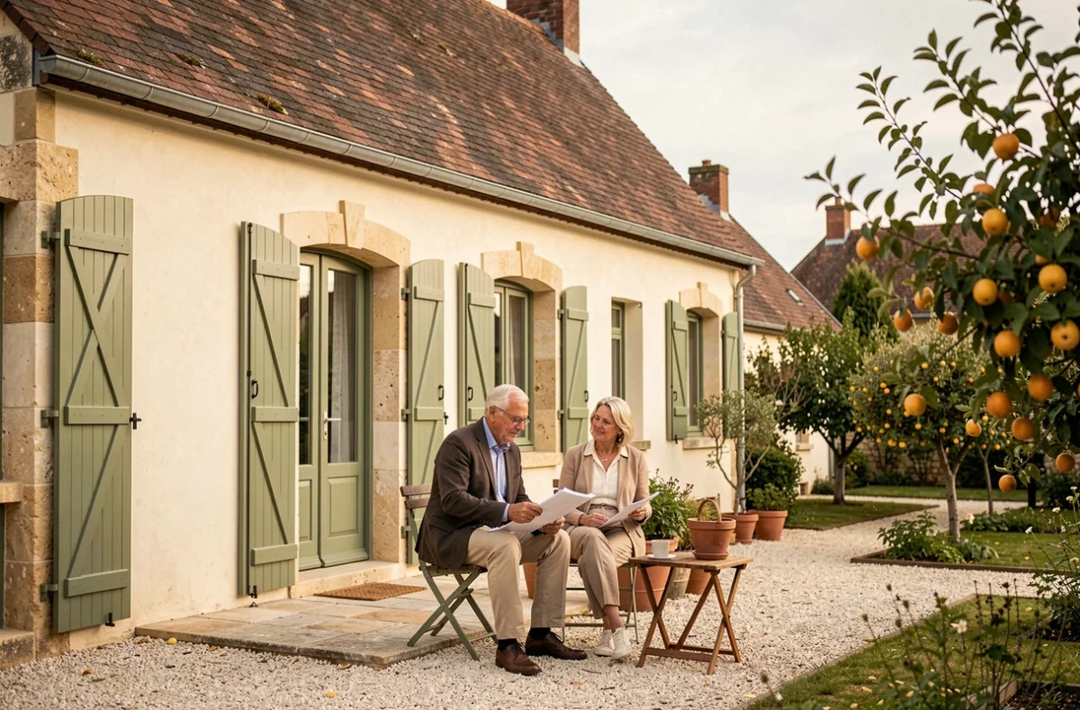 Couple senior sur la terrasse d'une maison individuelle classique construite par Maisons Balency