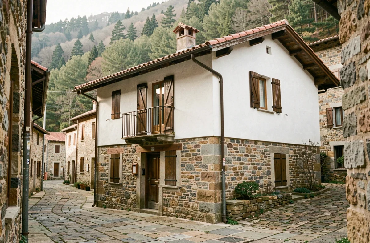 Maison individuelle Maisons Balency en pierre et enduit blanc avec volets en bois dans un village montagnard corse
