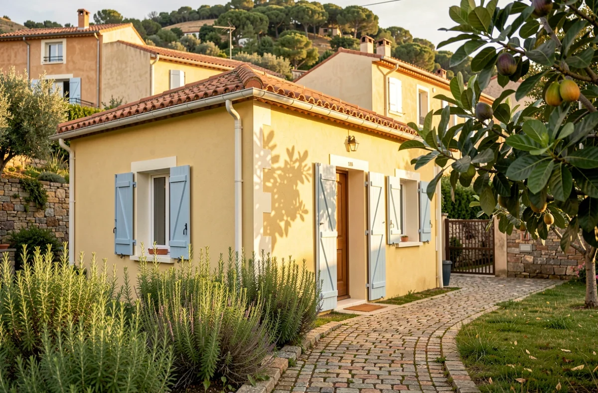Maison individuelle de style provençal construite par Maisons d'en France avec enduit jaune pâle et volets bleus en Corse