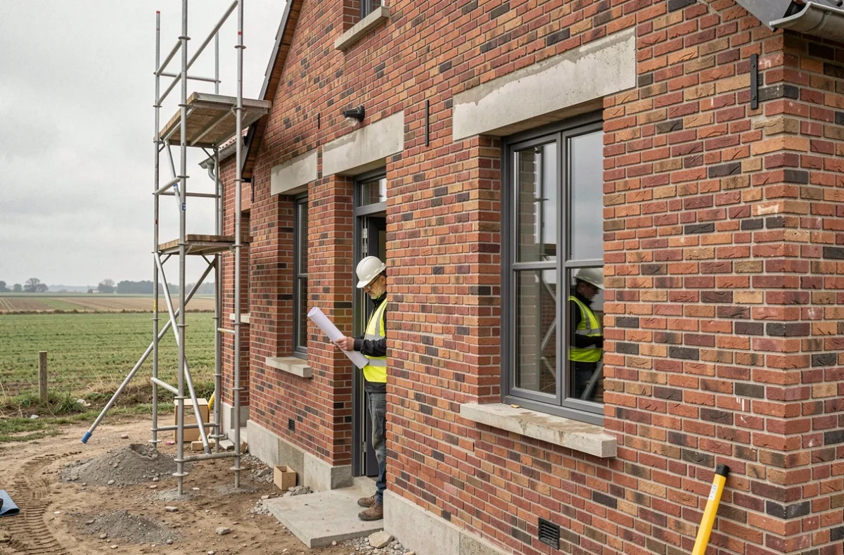Maison en brique en construction dans le Nord-Pas-de-Calais avec chef de chantier sur site