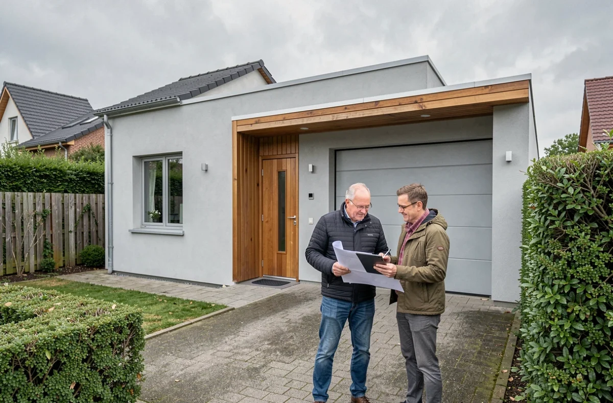 Couple devant une maison individuelle moderne construite par Maisons ECC dans les Hauts-de-France