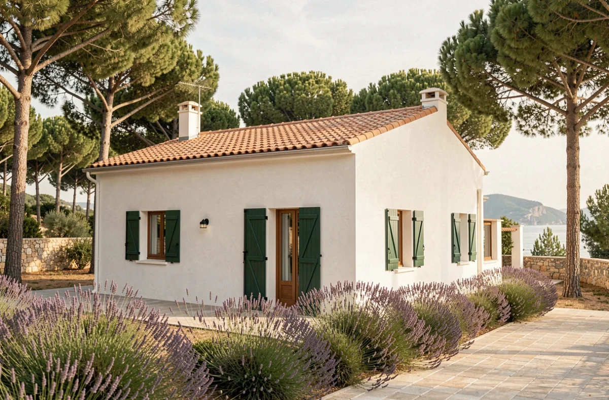 Maison individuelle construite par Maisons France Confort Corse avec façade blanche et volets verts en Corse